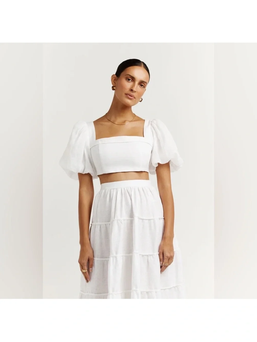 DISSH White Tiered Maxi Skirt with Crop Top Set - Picture 3 of 10